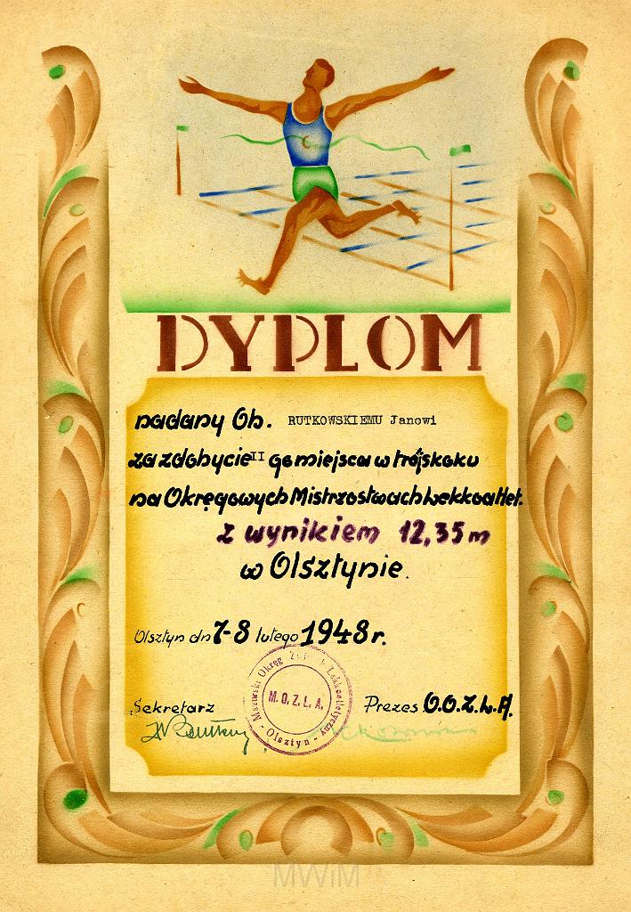 KKE 3238.jpg - Dyplom, Jana Rutkowskiego za II m. trójskok, Olsztyn, 1948 r.